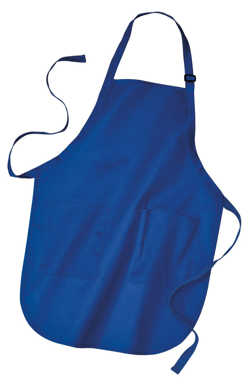A blue full-length apron with pockets and ties, featuring a logo.