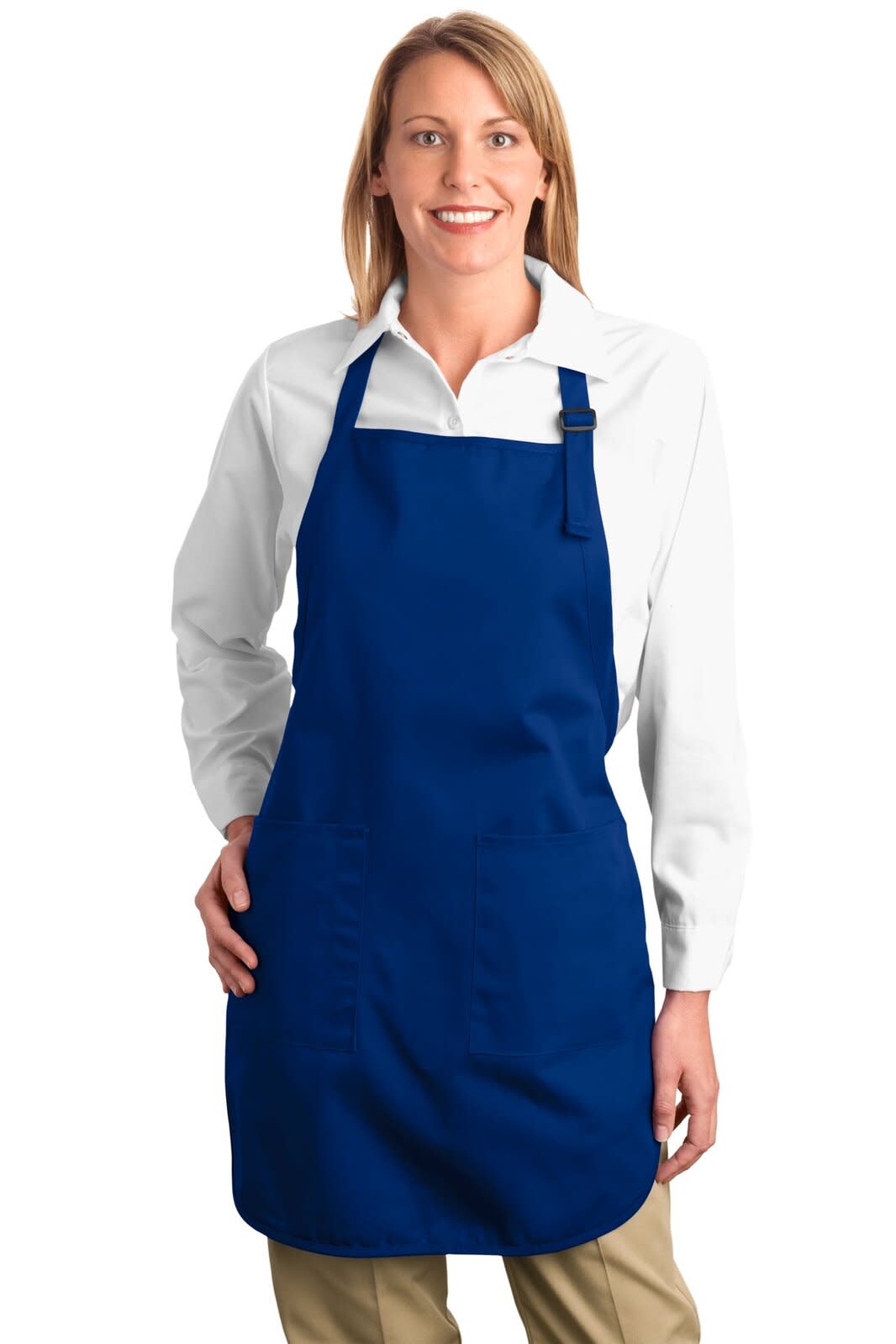 A full-length blue apron with pockets, worn by a woman, featuring a logo on the fabric.