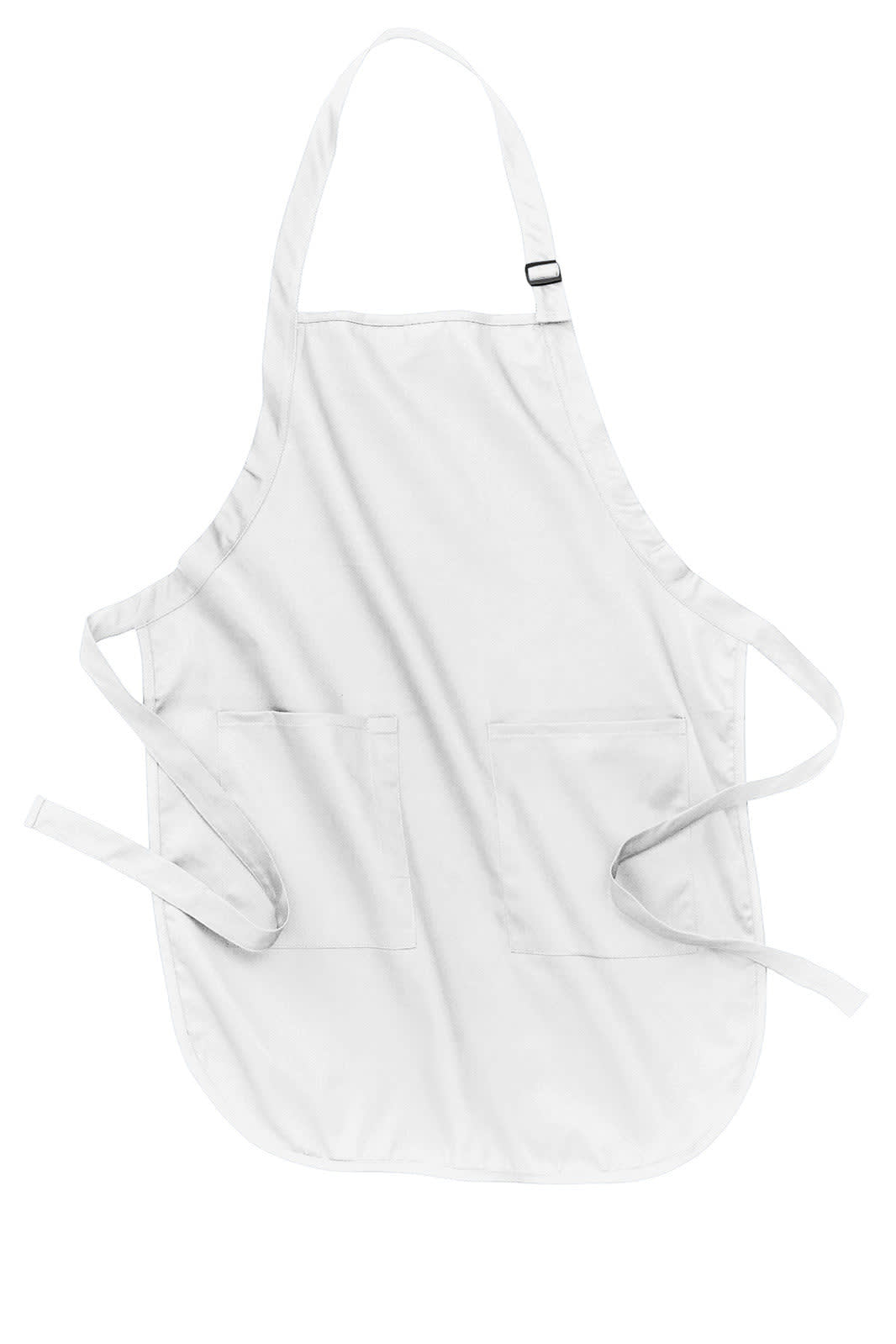 A white full-length apron with pockets and an adjustable neck strap, featuring a logo.