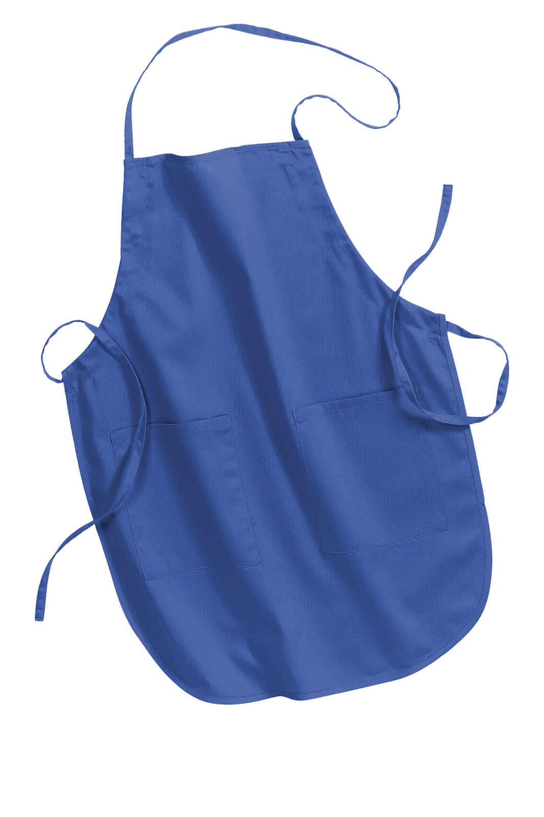 A blue full-length apron featuring multiple pockets and adjustable ties, with a logo on the fabric.