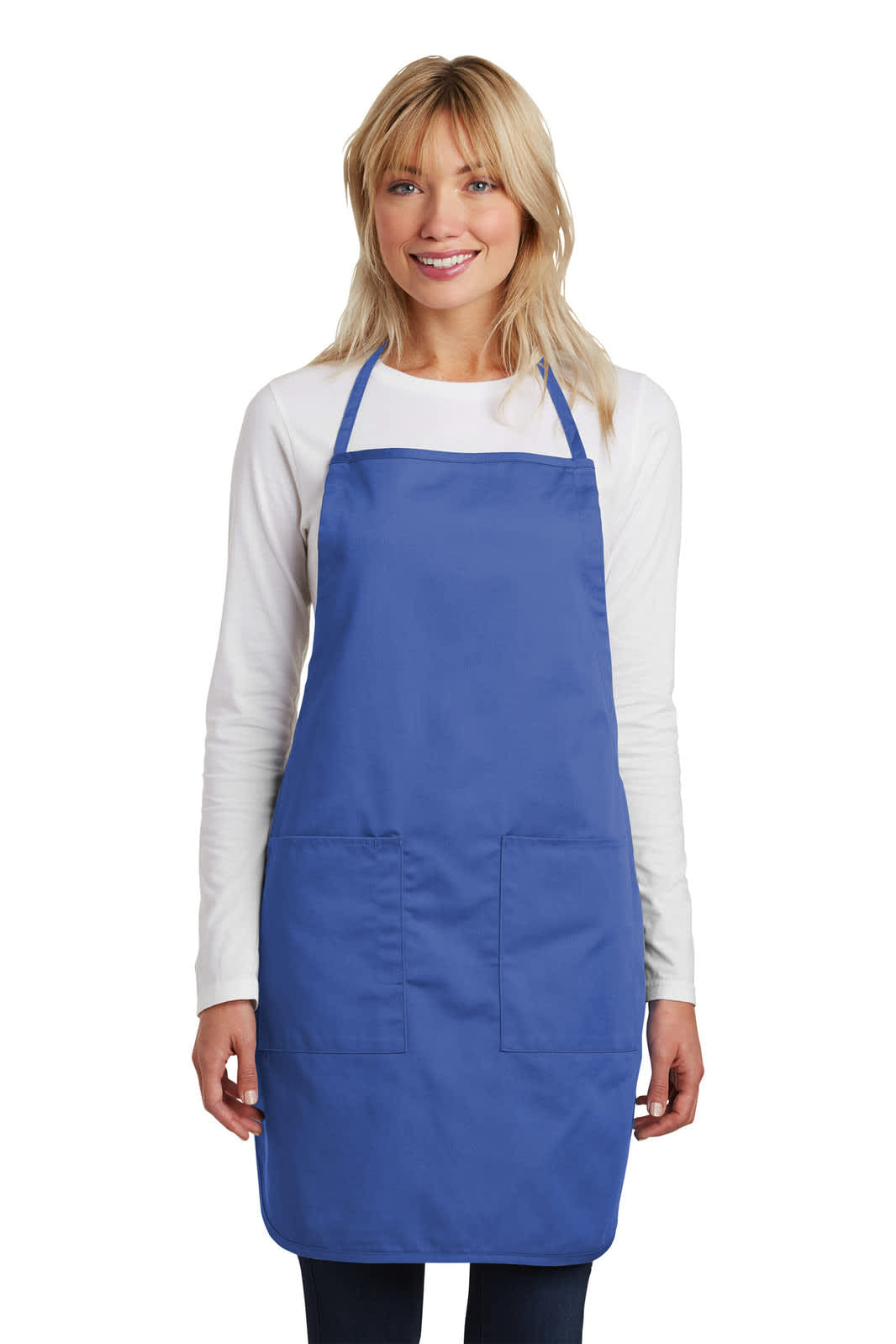 A woman wearing a blue full-length apron, featuring pockets and adjustable straps, with a logo displayed.