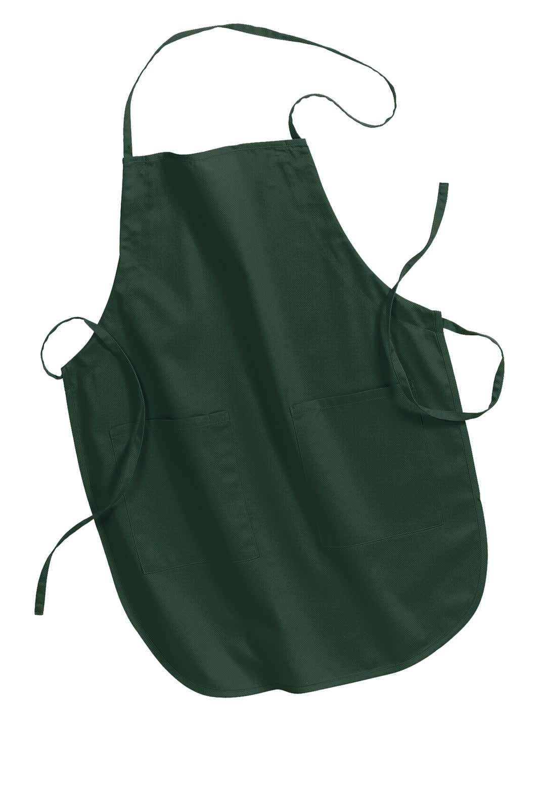 A full-length apron in dark green with adjustable ties and front pockets, featuring a logo.