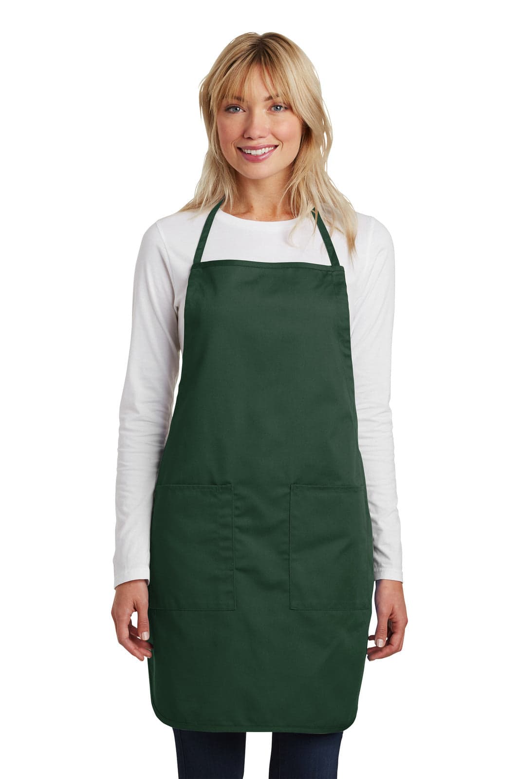 A green full-length apron worn by a smiling model, featuring a logo and pockets.