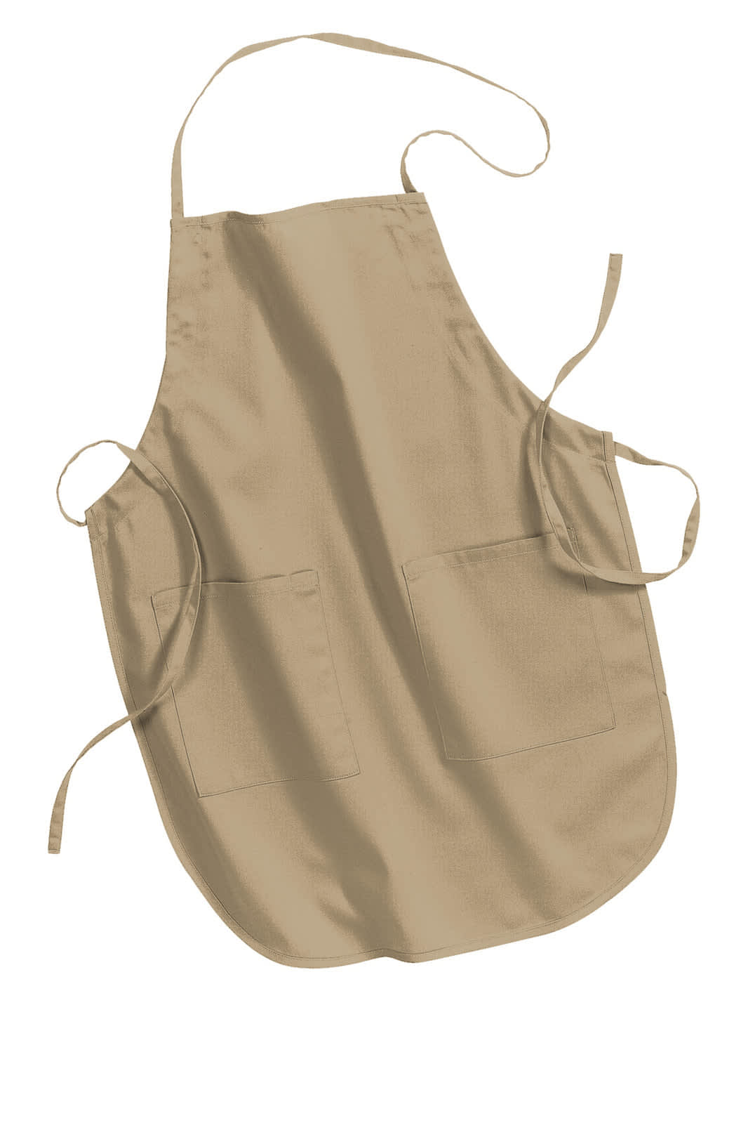 A tan Port Authority full-length apron with two front pockets and neck ties, featuring branding.