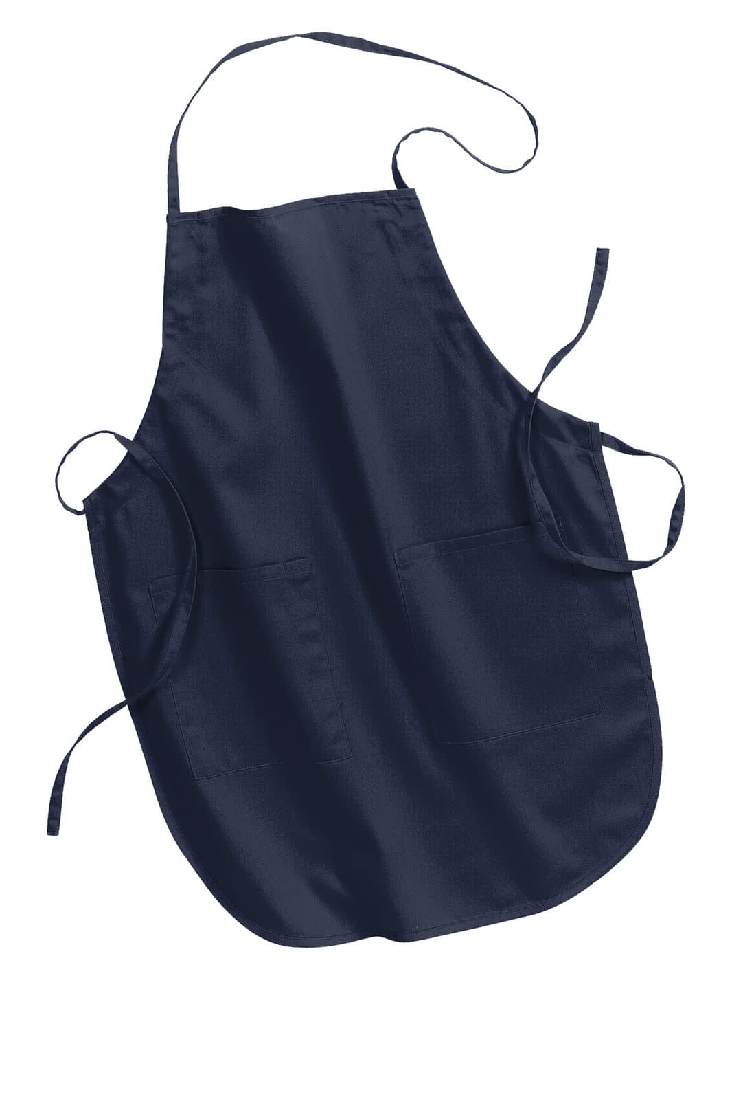 A navy blue full-length apron with ties and two front pockets, featuring a branding logo.