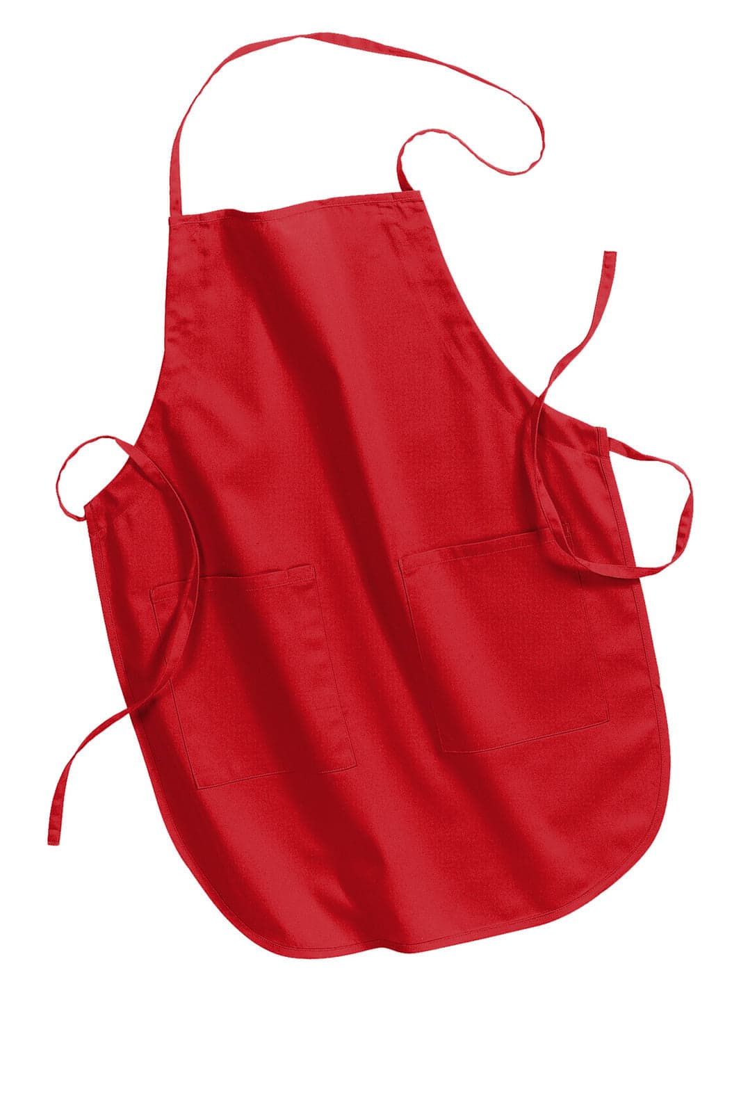 A red full-length apron with two pockets and adjustable tie straps. It features a logo or branding.