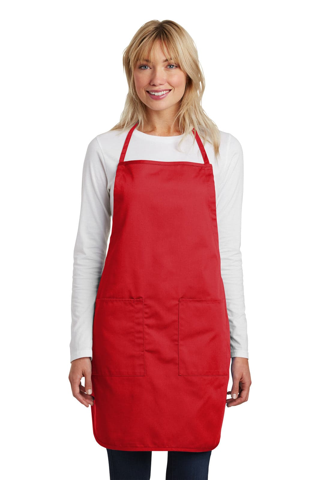 A red full-length apron with a front pocket, worn by a model. The apron has a logo.