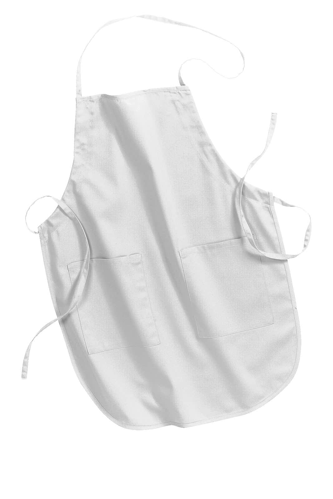 A white full-length apron with ties and two front pockets, featuring a logo.