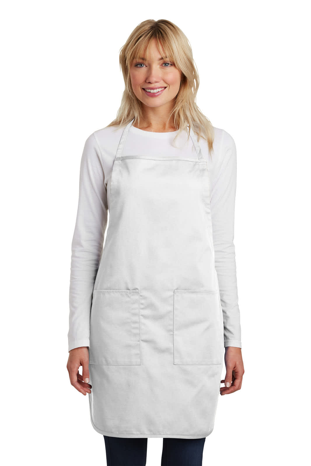 A light grey full-length apron with pockets, worn by a model against a plain background. It features a logo.