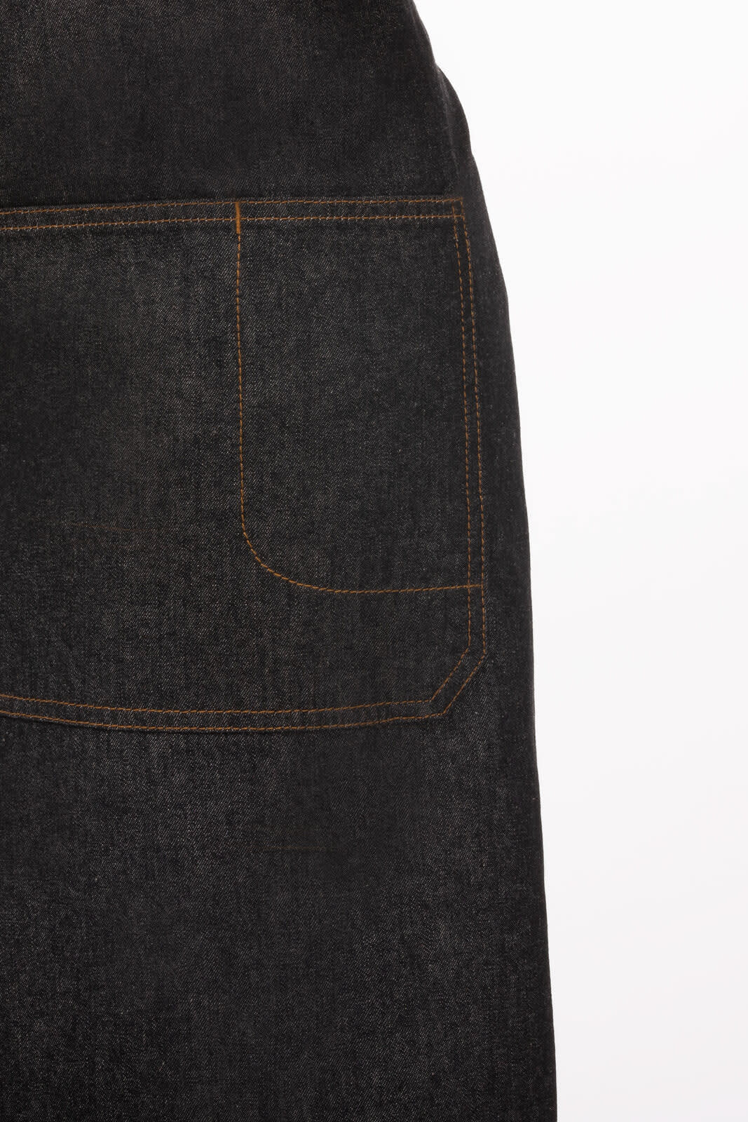A black denim bib apron with a visible pocket and orange stitching detail. It includes branding on the fabric.