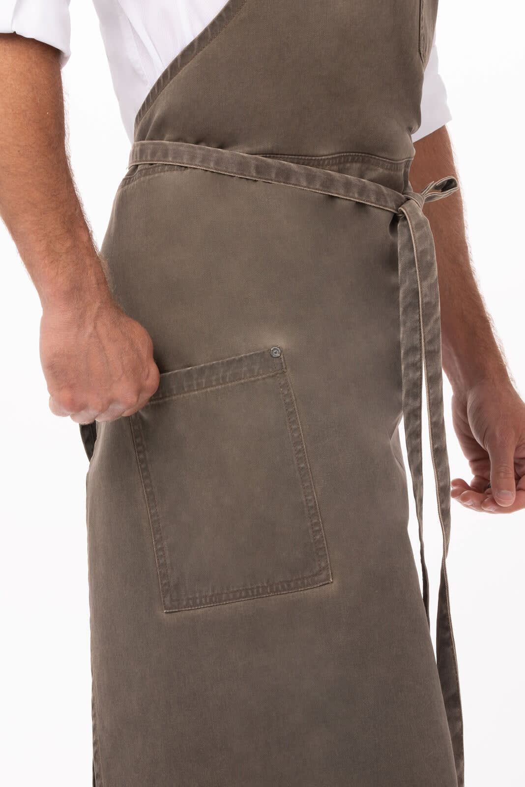 A grey chef's bib apron with a pocket, featuring ties at the waist and a casual, textured finish.