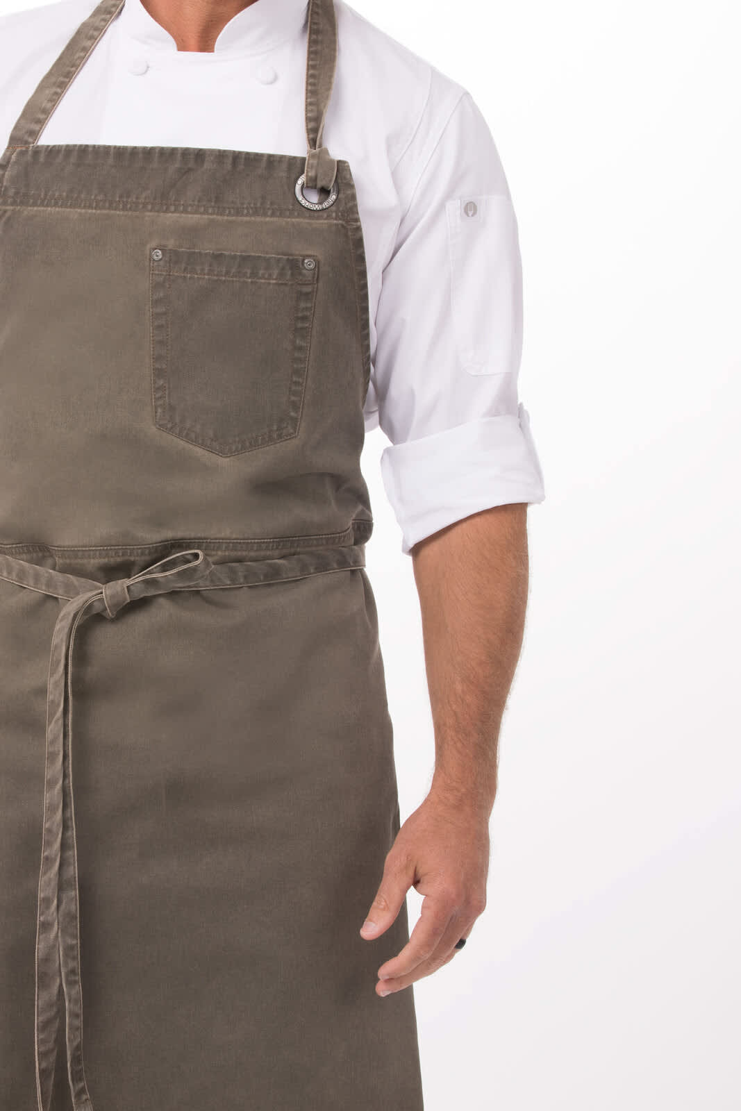 A dark olive green chef's bib apron with a pocket, featuring a classic design and a logo.