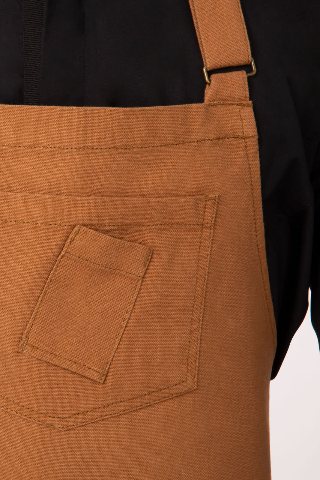 A brown bib apron featuring an adjustable strap and a front pocket, with a logo present on the fabric.