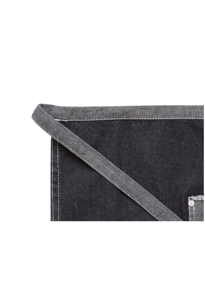 A grey bistro apron featuring a pocket and a strap. The fabric has a denim-like texture.