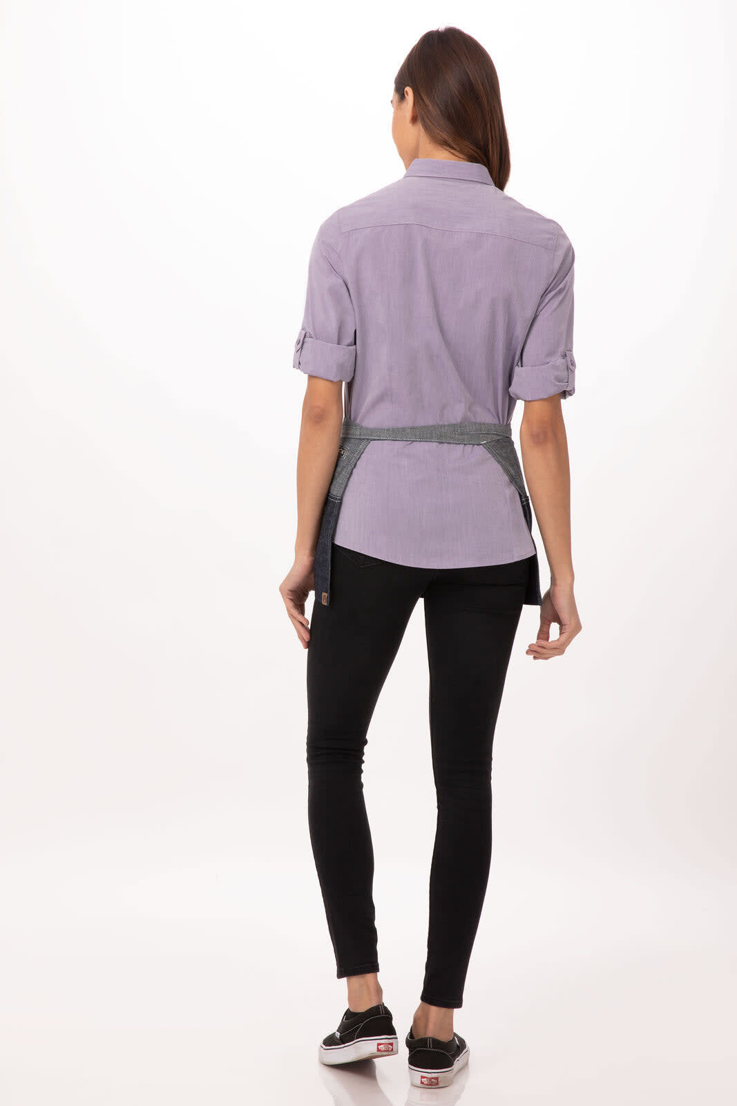 A waist apron in purple with a grey waistband, worn by a person facing away. It features a logo on the back.