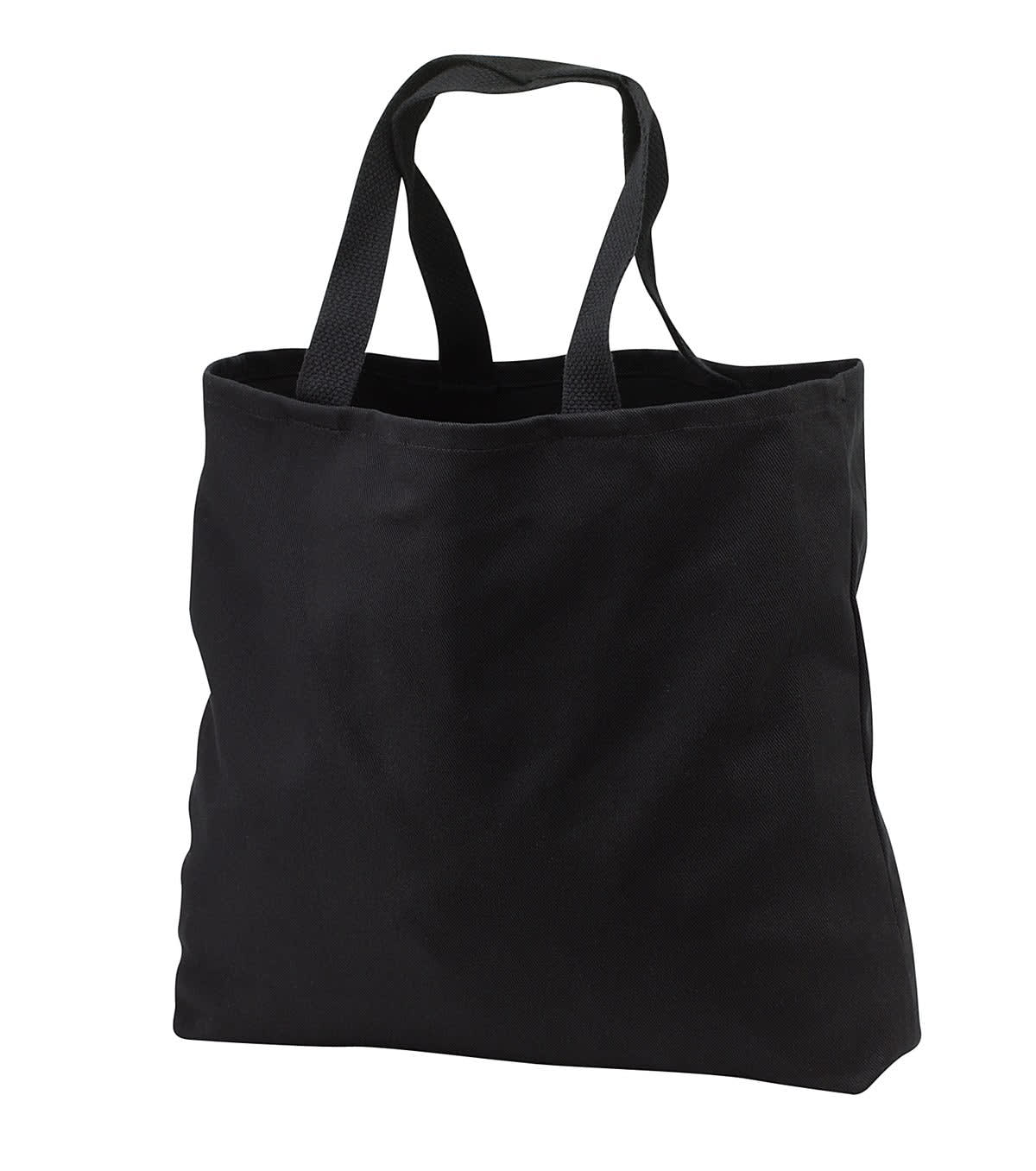 A black tote bag featuring two handles and a simple design. It includes a logo on the front.