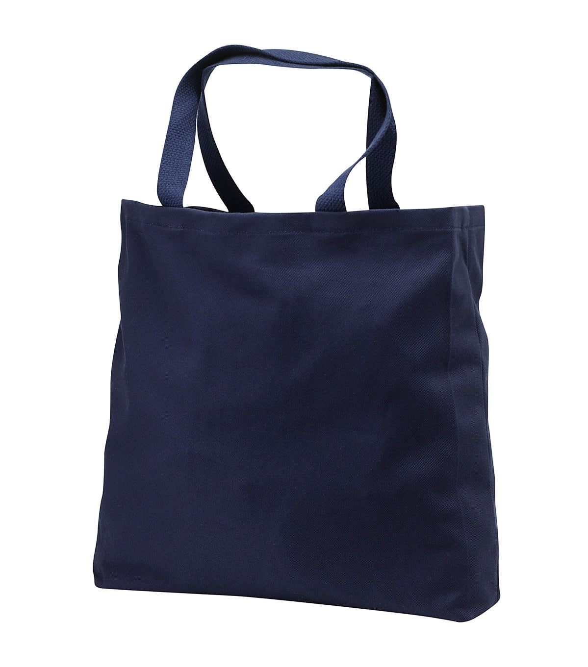 A navy tote bag with sturdy straps and a simple design, featuring a logo on the side.