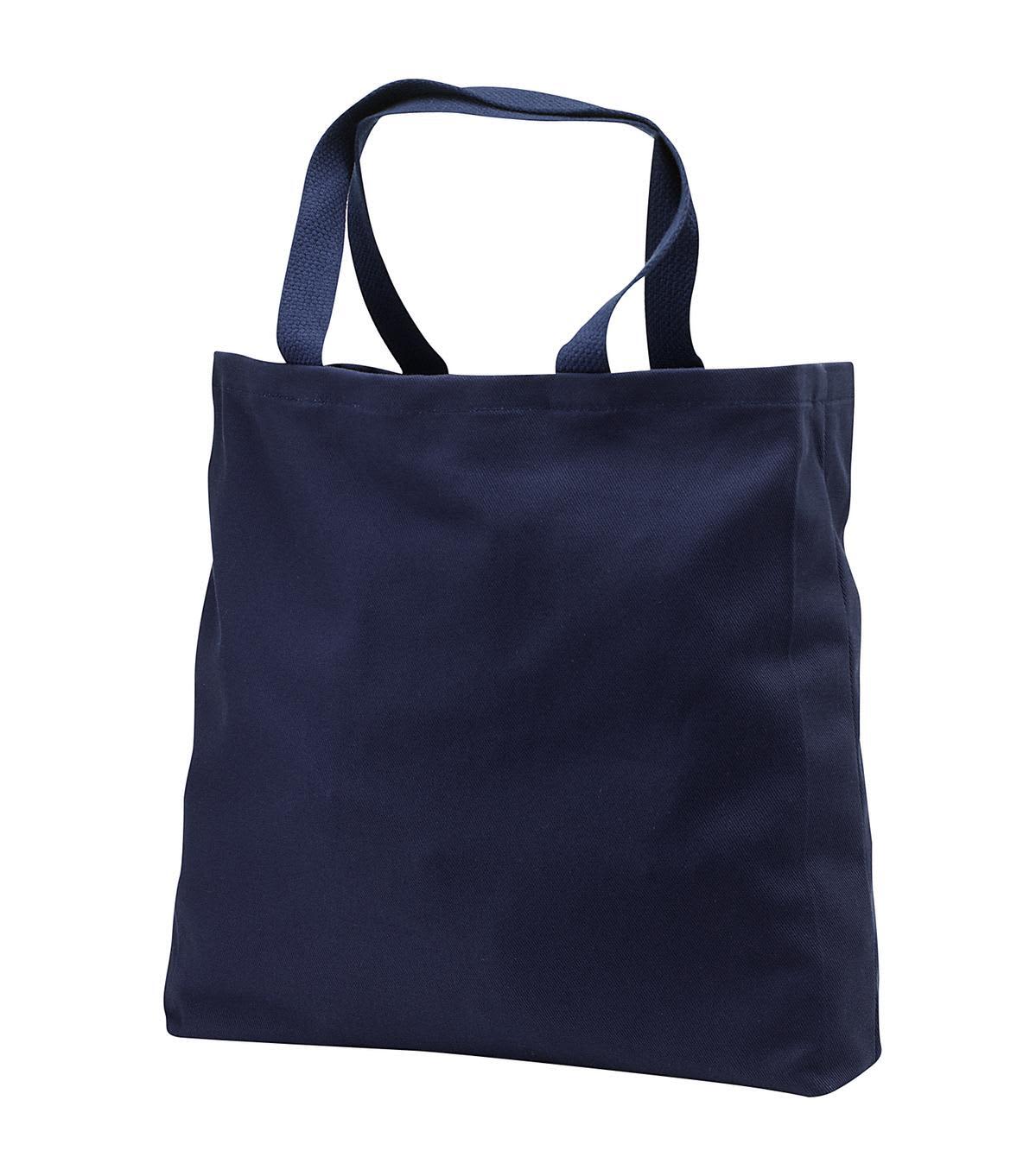 A navy tote bag with dual handles and a simple design, featuring a logo on one side.