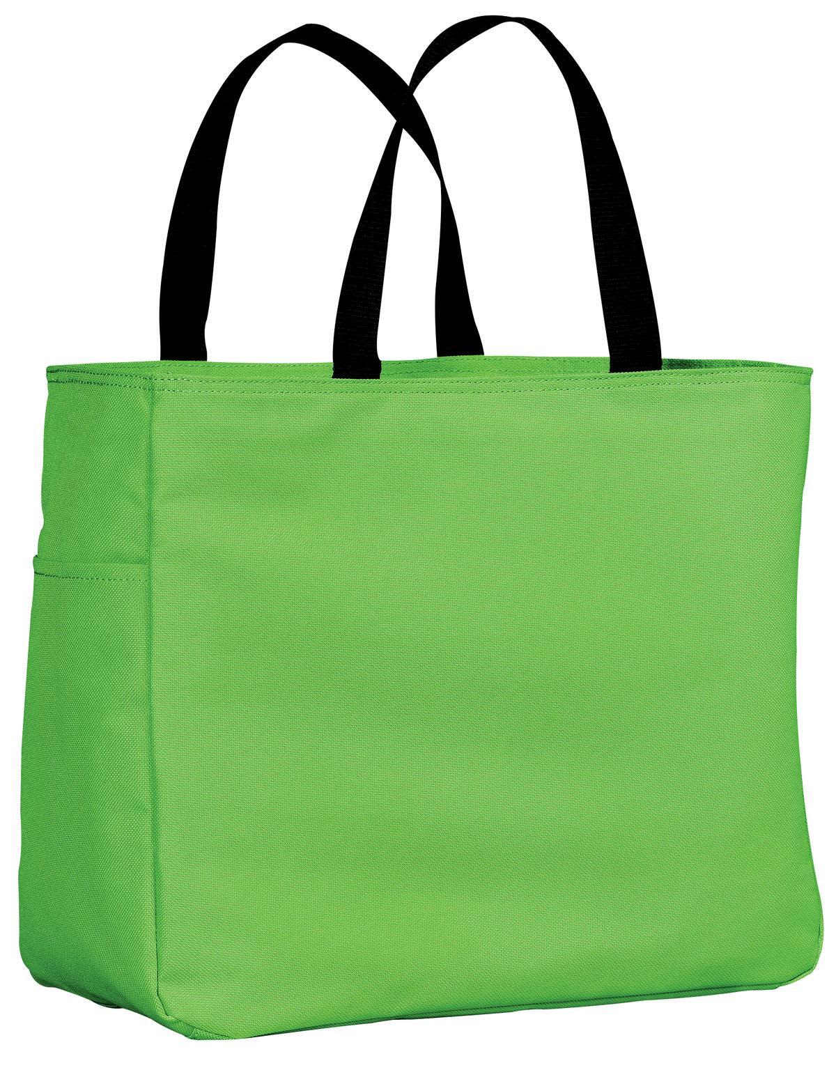 A green tote bag with black handles featuring a side pocket and a simple design. It has a logo.