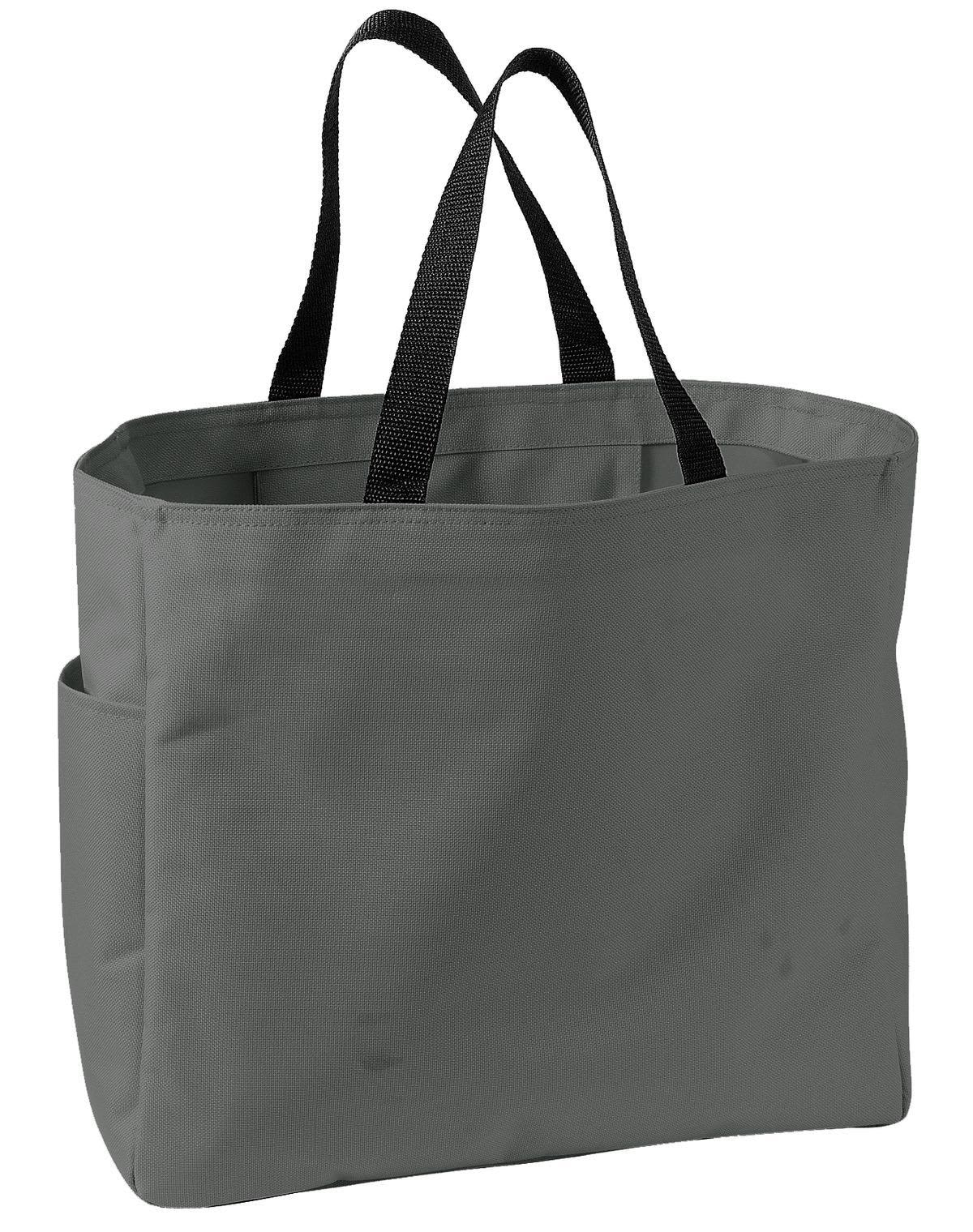A grey tote bag with black handles featuring side pockets and a simple design. The bag has branding visible.