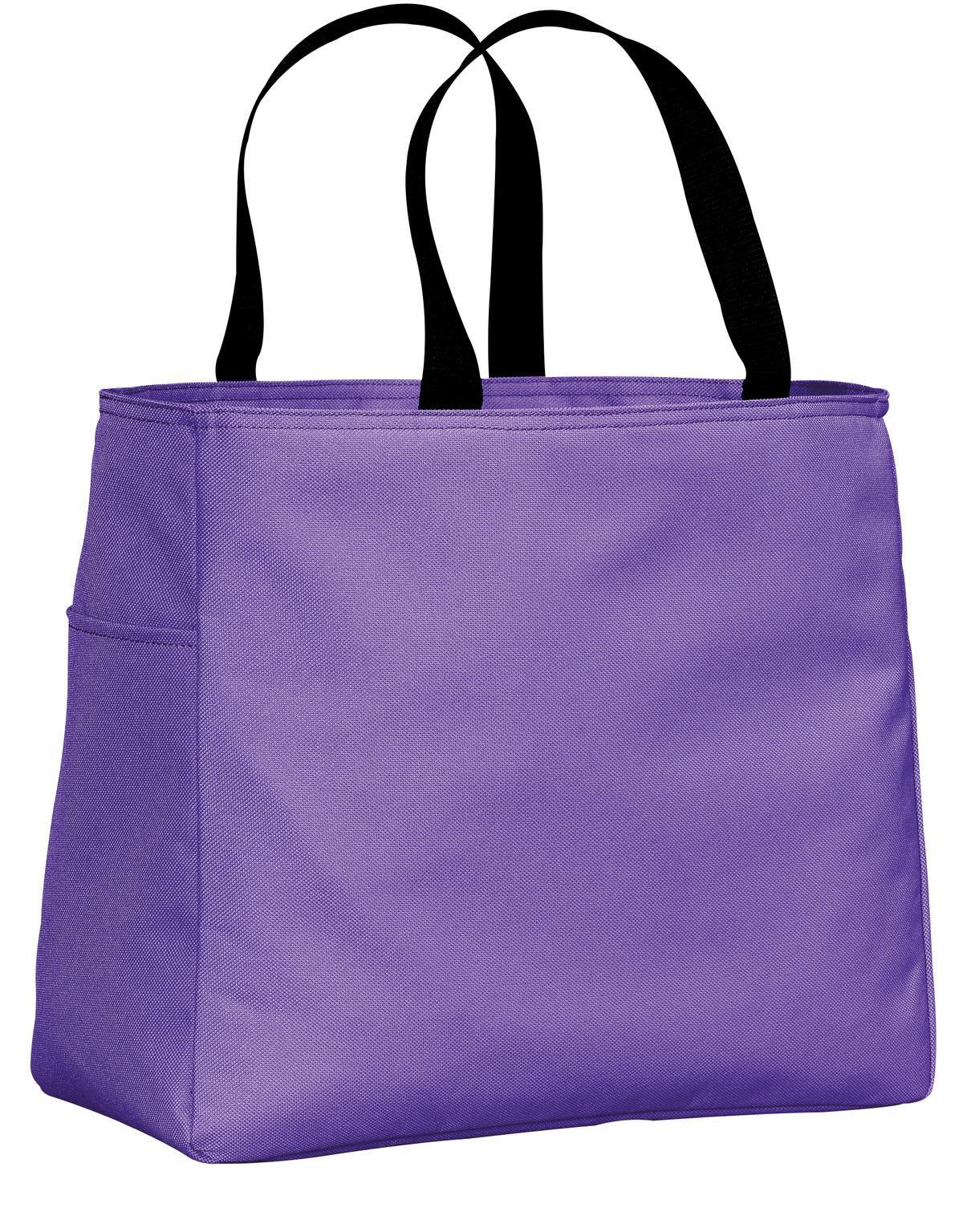 A purple tote bag with black handles and a side pocket, featuring a logo.