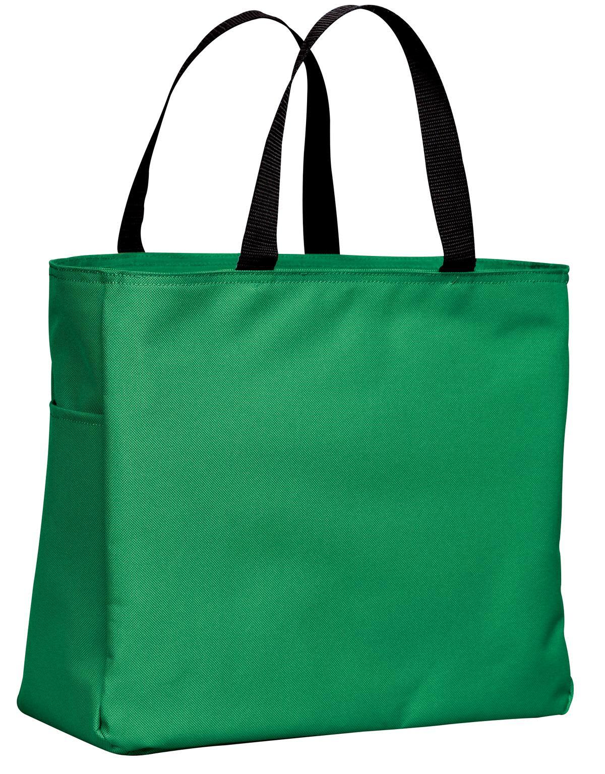 A green tote bag with black straps, featuring a side pocket and a simple design. It has a branding logo.