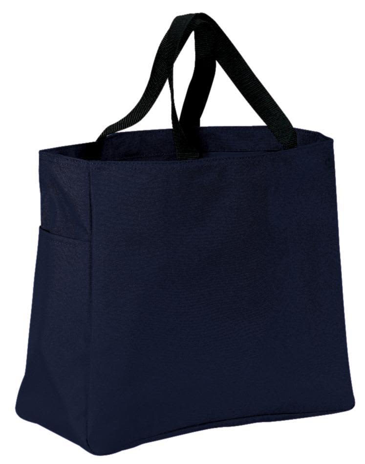 A navy blue tote bag with black handles and a side pocket, featuring a logo on the exterior.