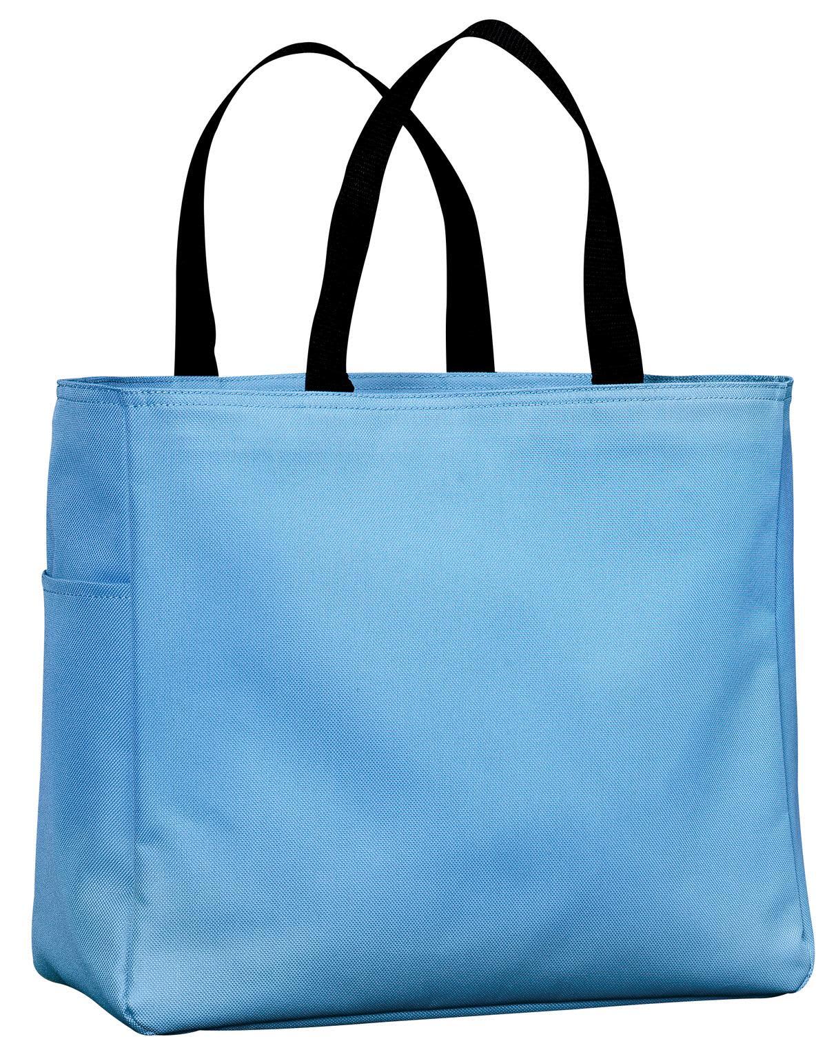 A light blue tote bag with black handles and a side pocket, featuring a logo.