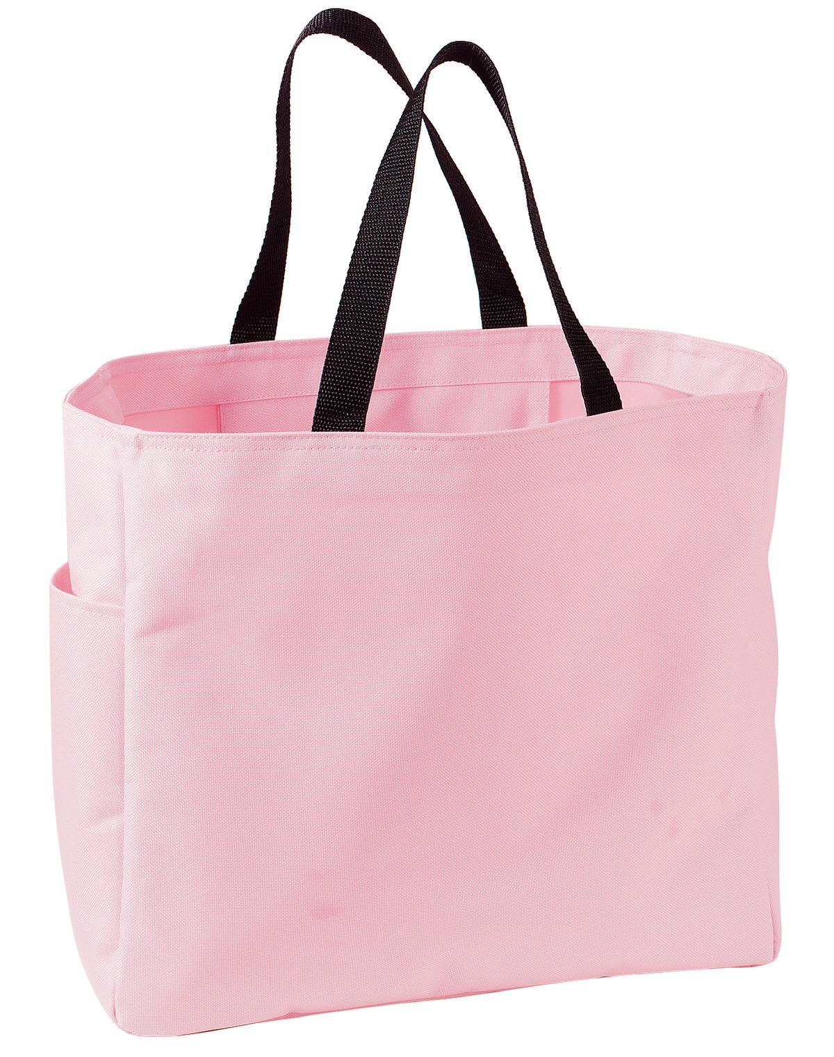 A pink tote bag with black handles, featuring an exterior pocket and spacious interior. It has a logo on the side.