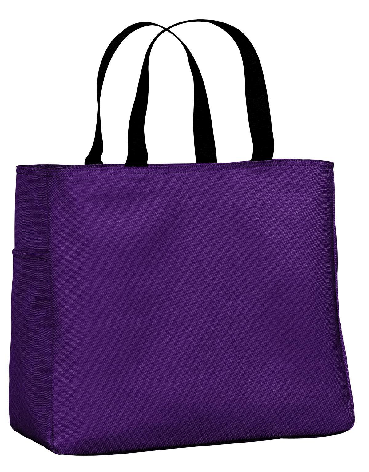 A purple tote bag with black handles and a side pocket, featuring a logo.