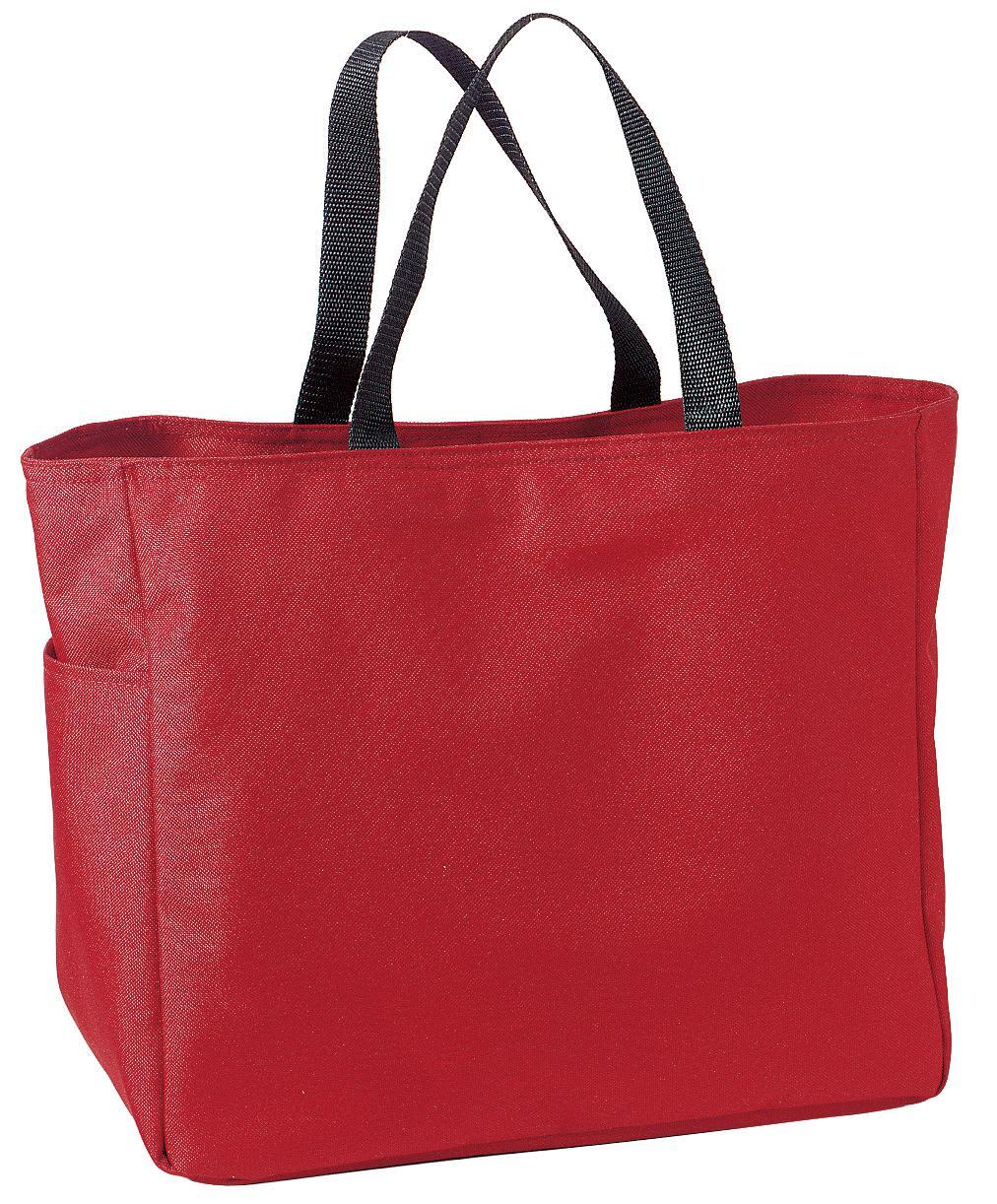 A red tote bag with black handles and an exterior pocket, featuring a logo on one side.