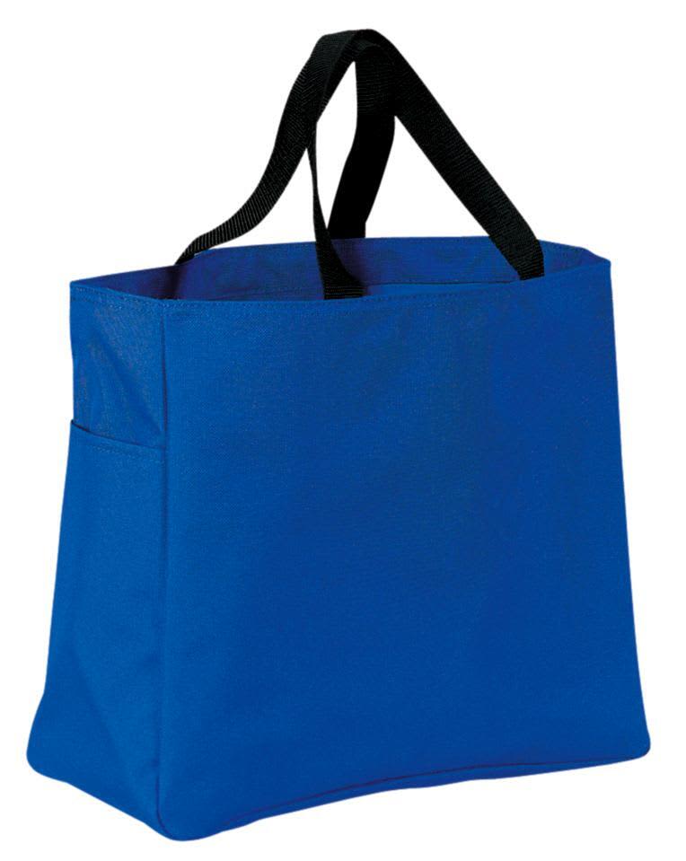 A blue tote bag with black handles and a side pocket. The bag has a simple design and features a logo.
