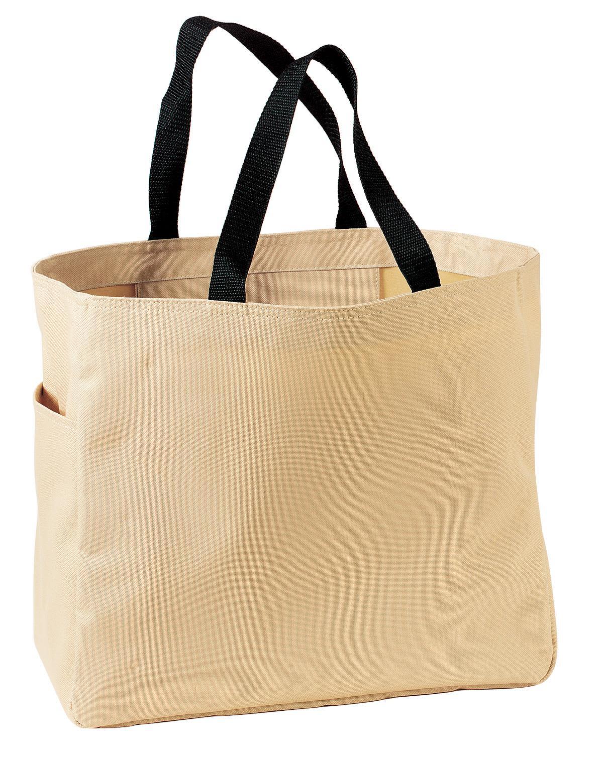 A beige tote bag with black handles and a side pocket. It features a simple design and has a branding logo.