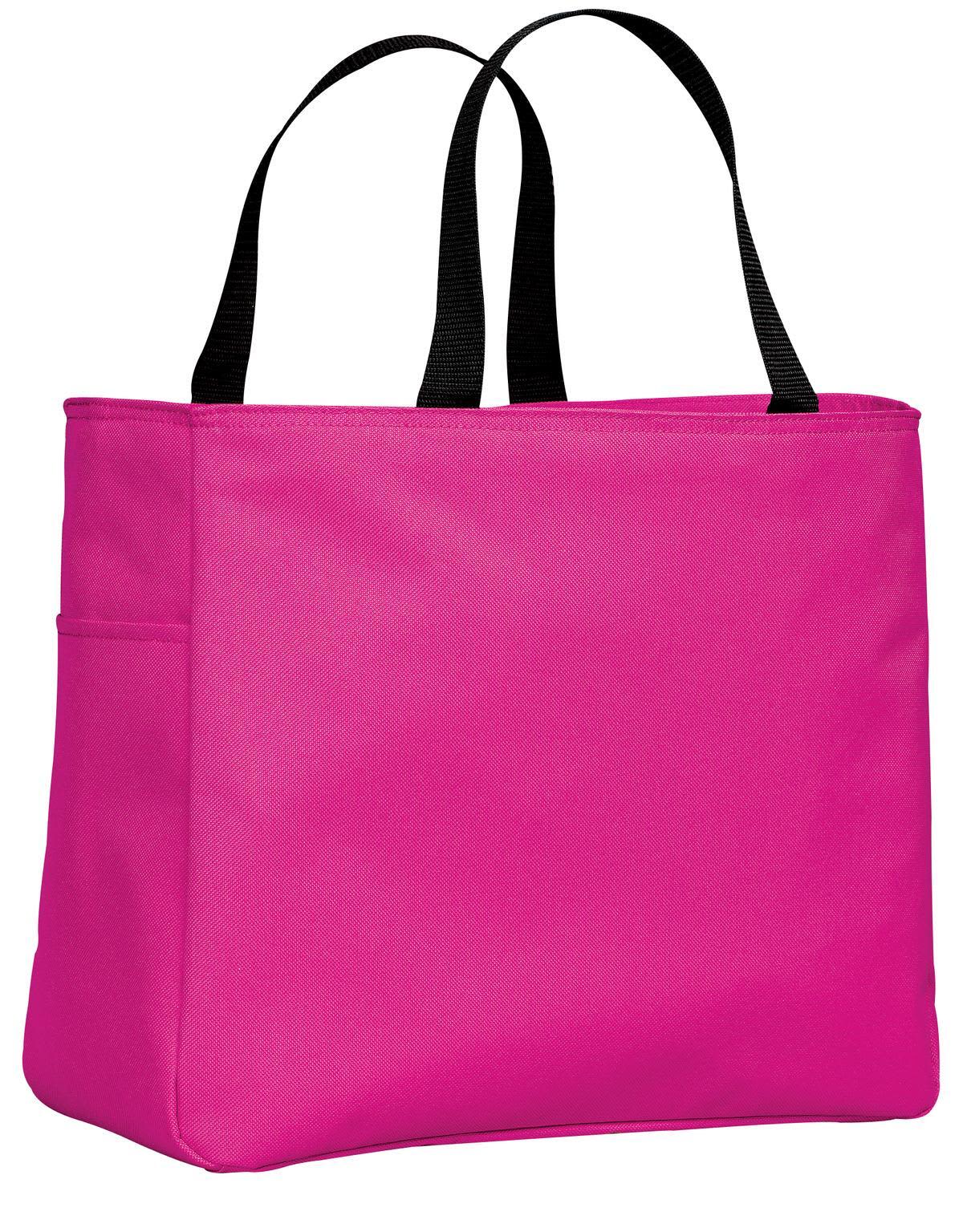 A pink tote bag with black handles and a side pocket, featuring a logo on the front.