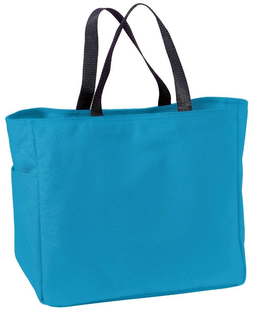 A blue tote bag with black handles and a side pocket, featuring a logo.