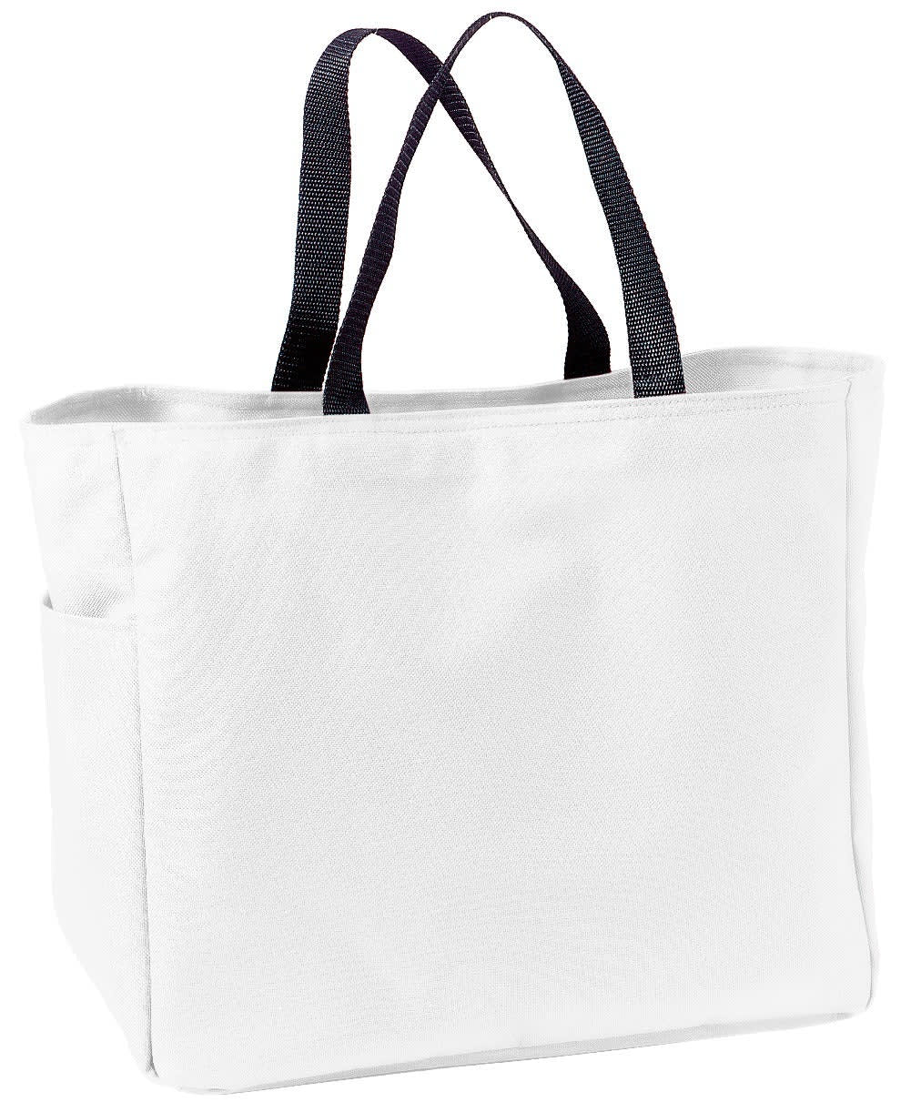 A white tote bag with black handles, featuring a side pocket and a minimalistic design.