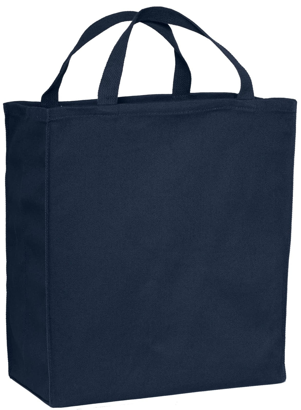 A dark navy reusable grocery tote bag with two top handles and a simple design. Features a logo.