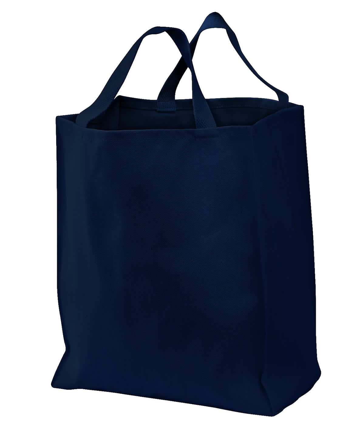 A reusable grocery tote bag in dark navy with two sturdy handles and a spacious interior.