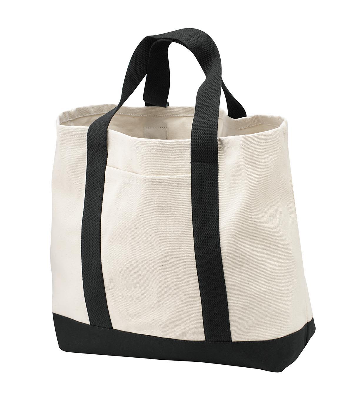 A two-tone shopping tote in beige with black straps and a black base, featuring a pocket on the side and branding.