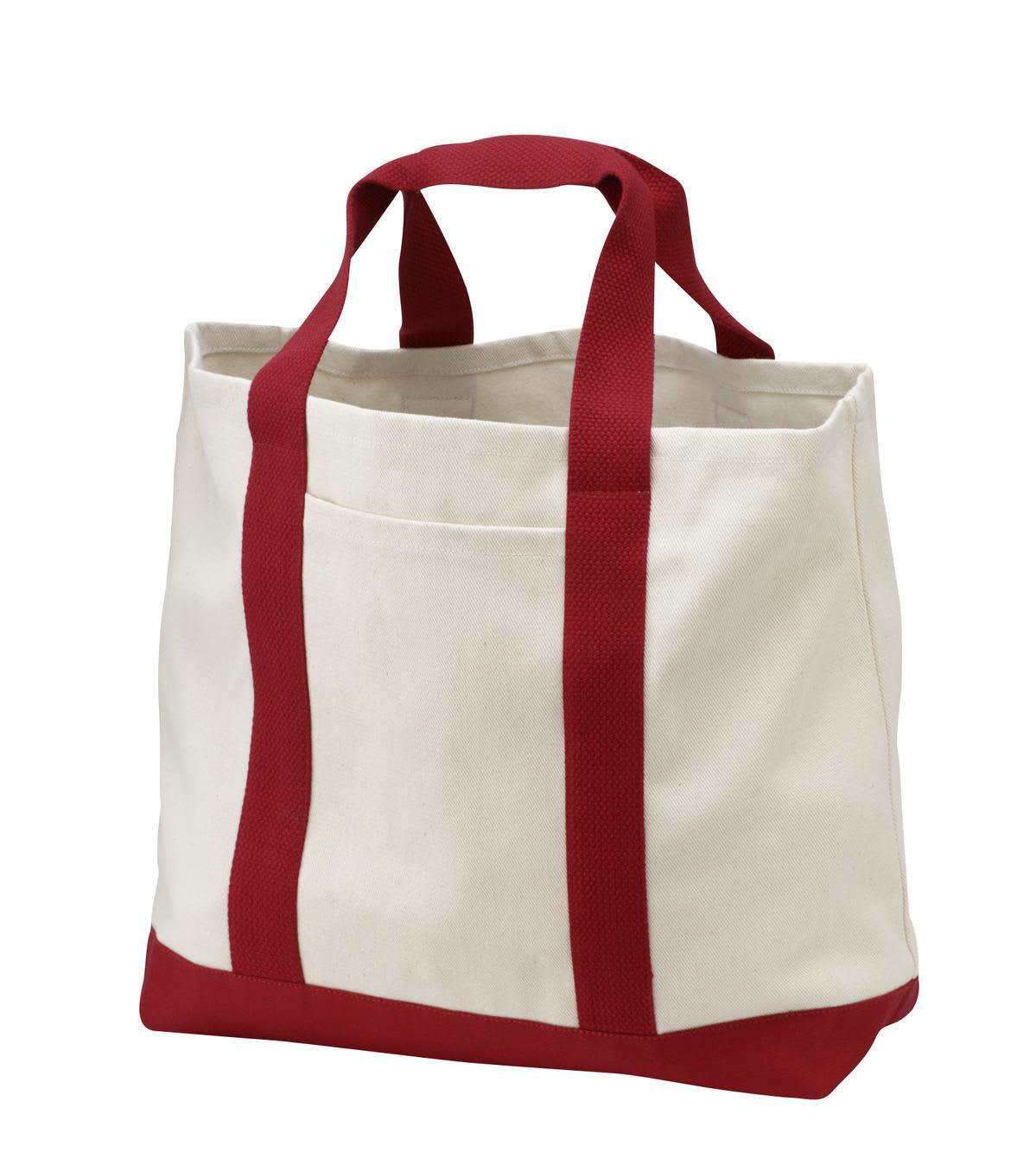 A two-tone tote bag in cream with red handles and base, featuring a front pocket and a logo.