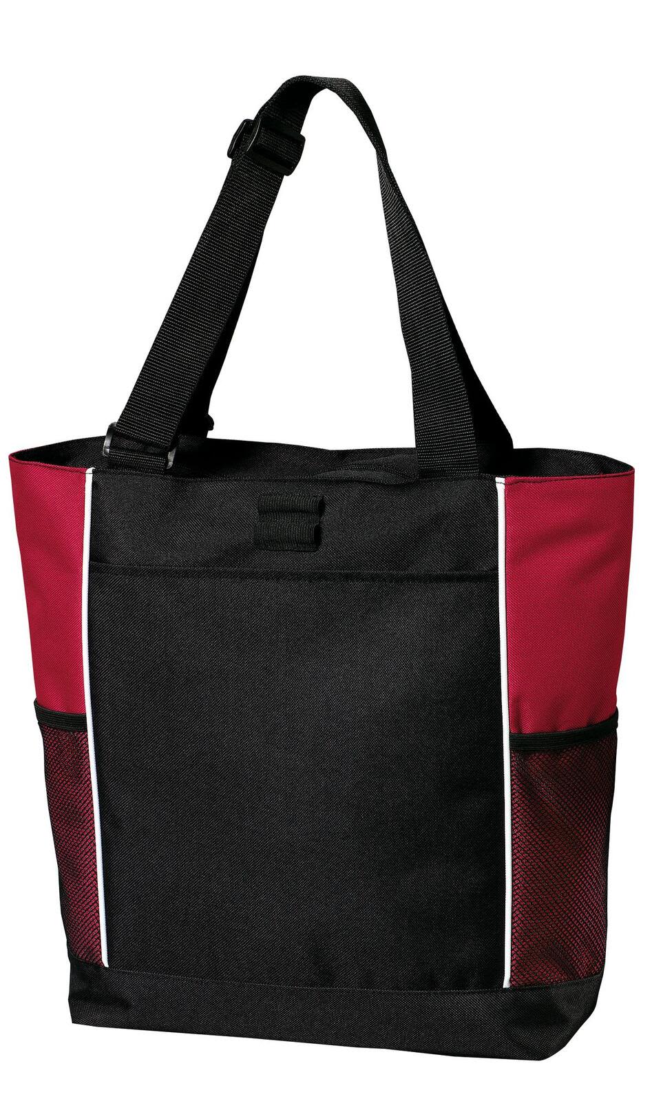 A black and maroon tote bag with a logo, featuring adjustable straps and side pockets.