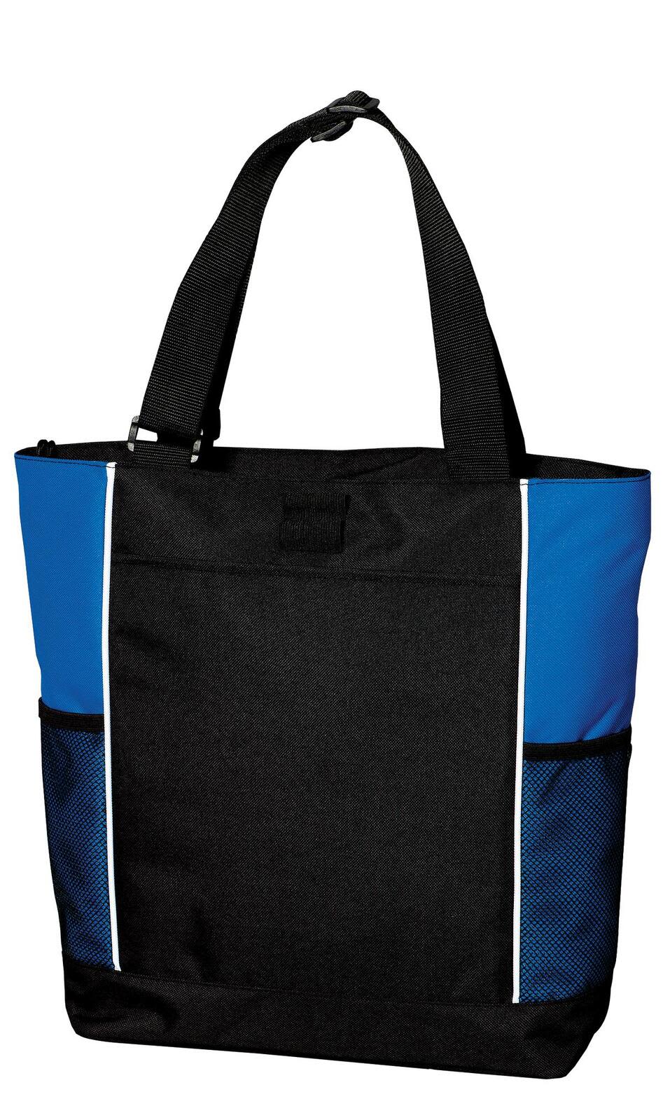 A black and blue tote bag with two side pockets and a main compartment, featuring a logo.