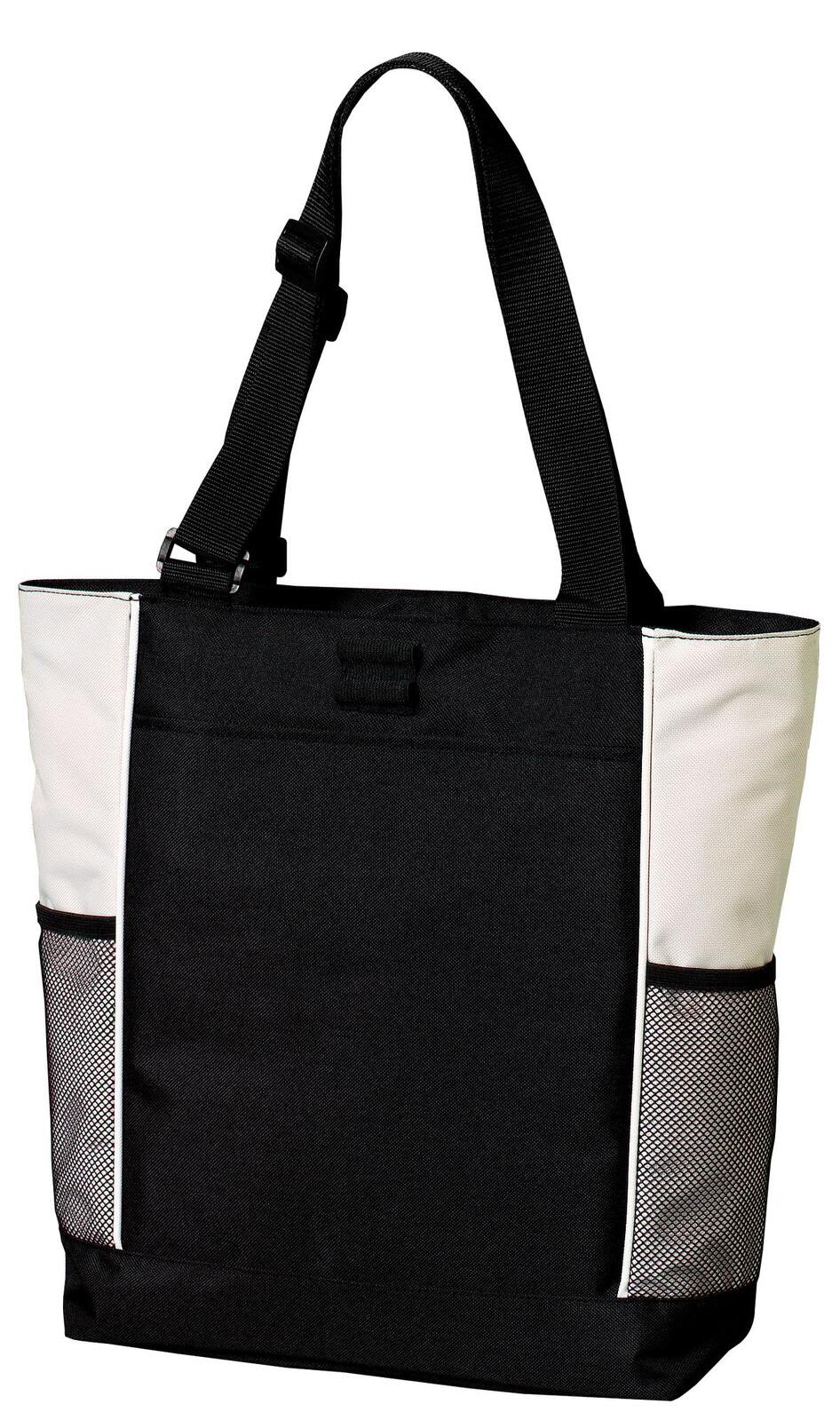 A black tote bag with white side panels and mesh pockets, featuring a shoulder strap and branding.