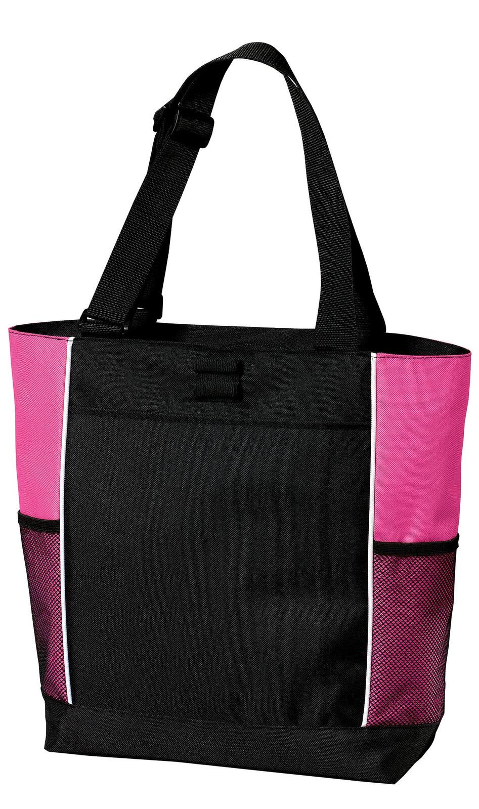 A tote bag featuring a black body with pink panels and mesh side pockets, along with an adjustable strap and logo.