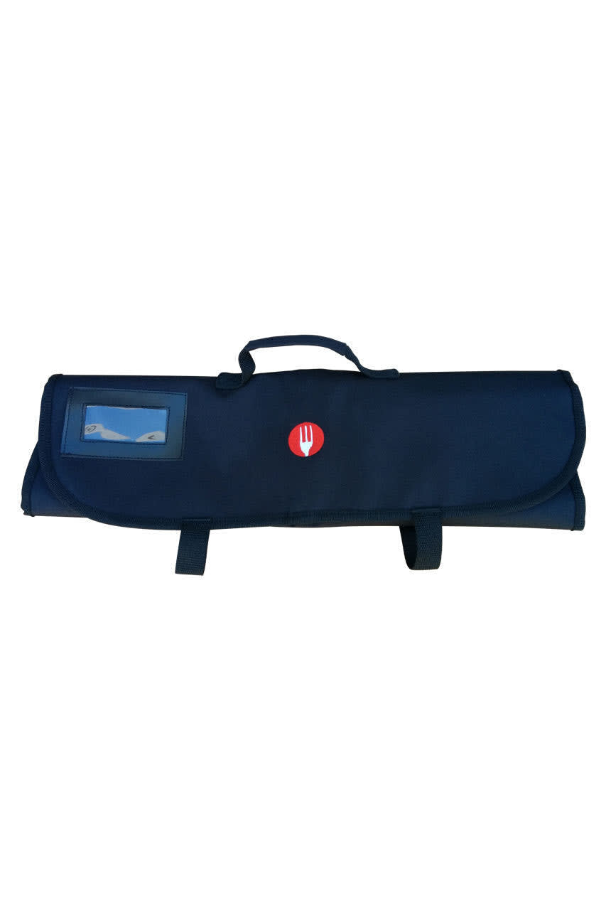 A black knife wrap bag with a handle, featuring a transparent pocket and a logo. It has multiple compartments for storage.
