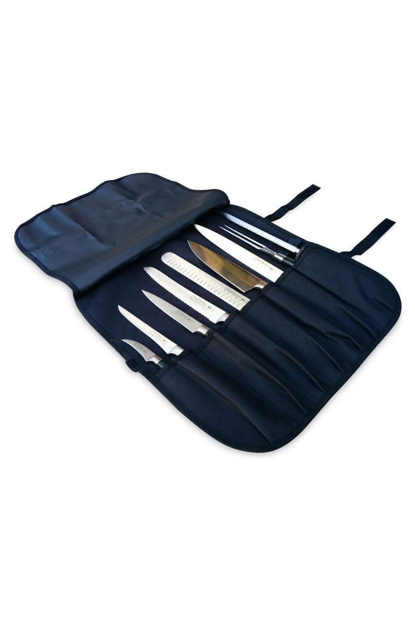 A black knife wrap bag with seven pockets, containing a variety of kitchen knives. It features a secure design with straps.