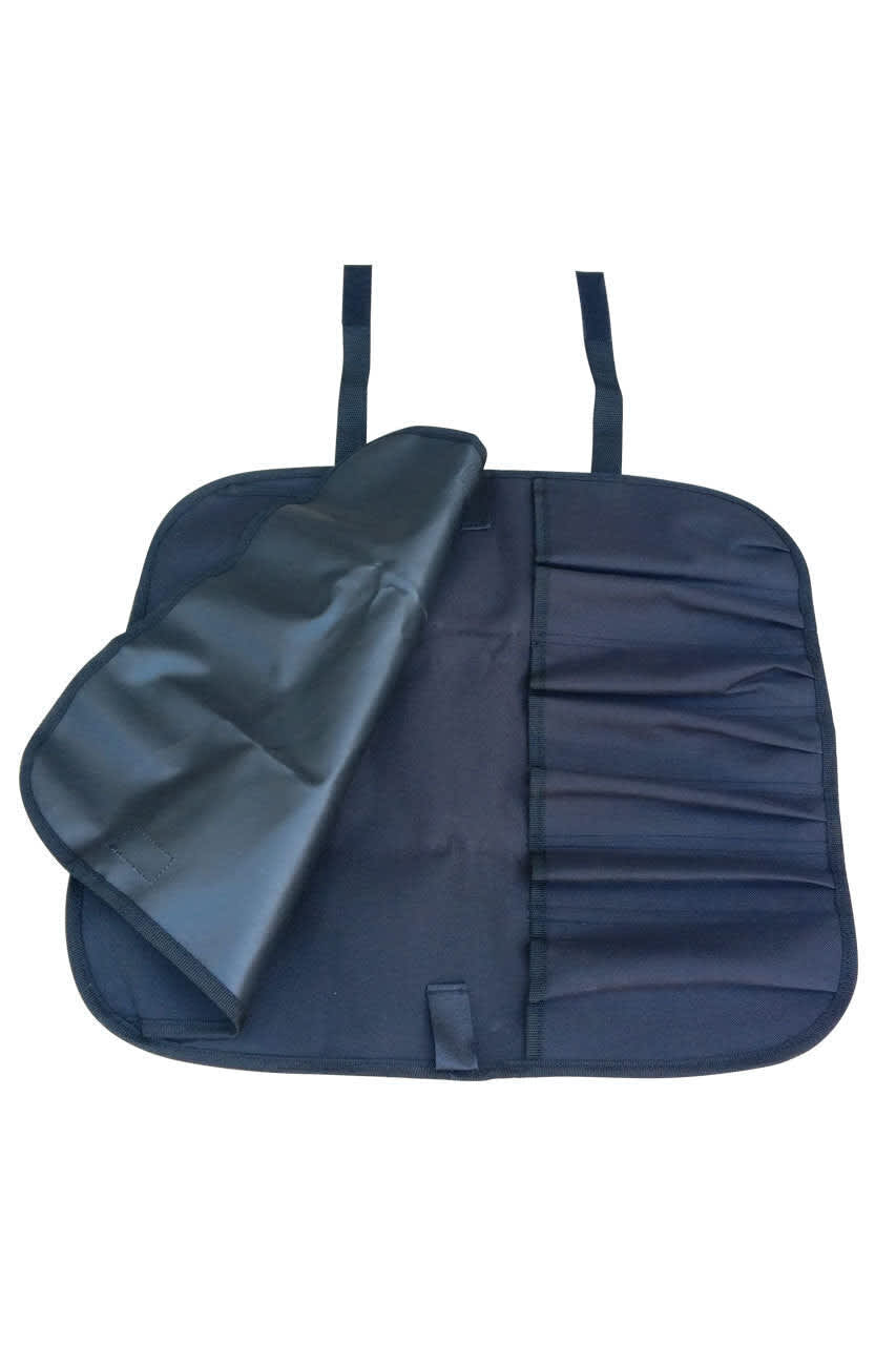 A black knife wrap bag featuring seven pockets and straps for secure transport. The bag has a smooth, foldable design.