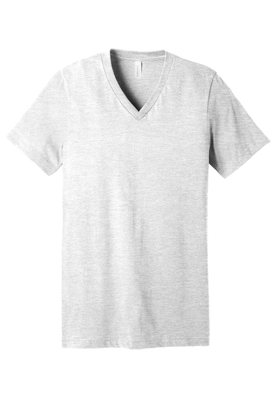 A light grey unisex jersey short sleeve v-neck tee with a simple design and a branding logo.