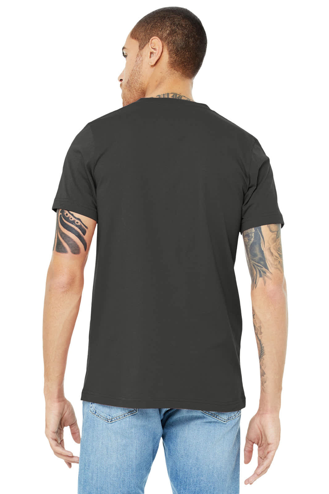A unisex jersey short sleeve v-neck tee in dark green, featuring a logo on the back.