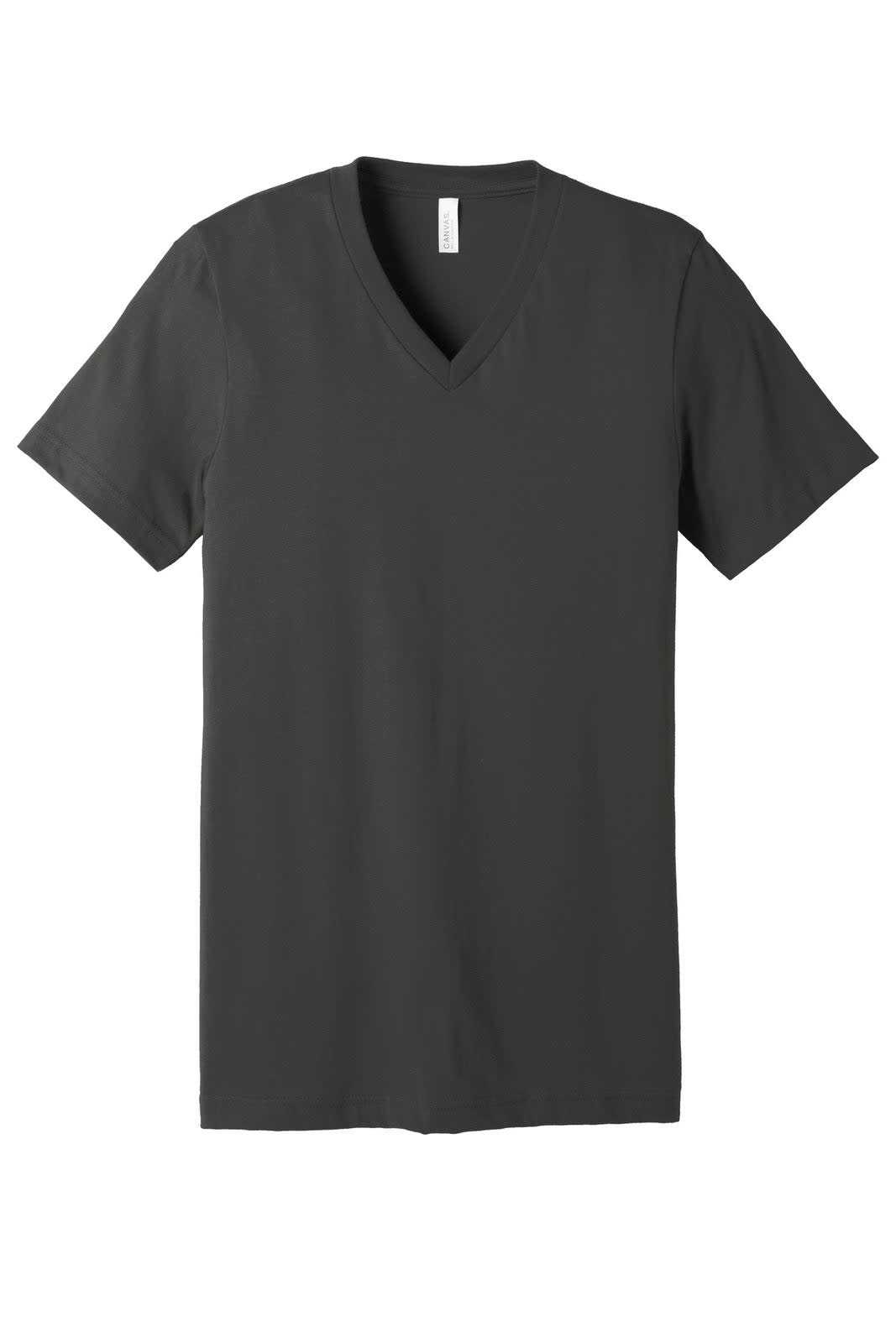 A dark grey unisex jersey short sleeve V-neck t-shirt with a simple design and logo.